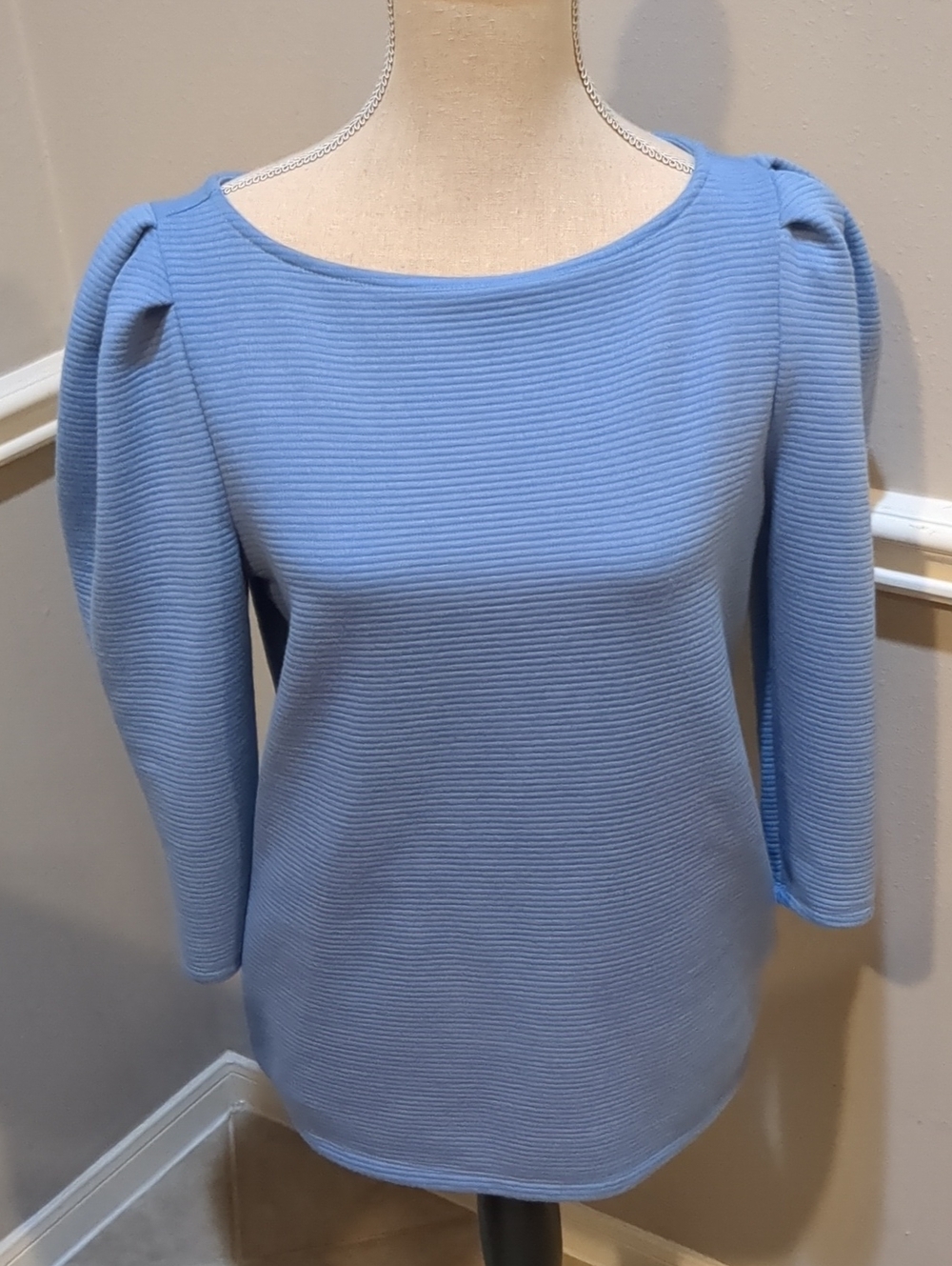Worthington Dusty Blue Ribbed Long-Sleeve Top with Puff Shoulders